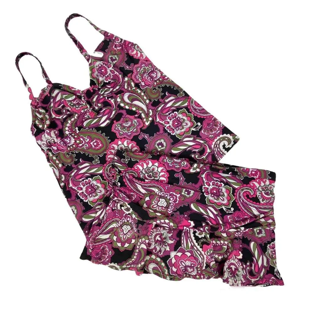 Land's End Tankini Swim Suit Top Ruched Underwire Bodice Paisley Sz 2 Top Only